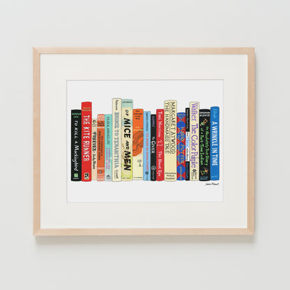 Banned Books print by Jane Mount – an art print featuring a colorful illustrated bookshelf of frequently banned books, including classics like To Kill a Mockingbird and The Adventures of Huckleberry Finn. Museum-quality book lovers' decor.